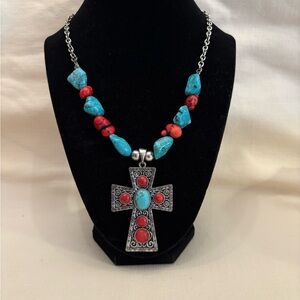 Turquoise and Red Cross Pendant Necklace